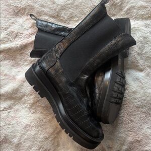 Black Croc-Embossed Combat Boots